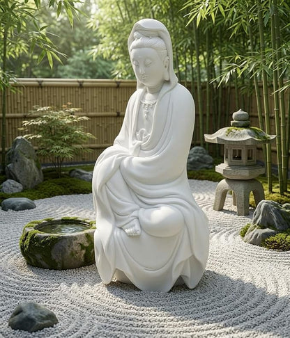 Bellaa Kwan Yin Buddha Statue - 11" White Marble Powder Lady Buda Kuan Guanyin Goddess of Mercy Sculpture - Meditation Decor for Home, Office & Zen Garden 22654