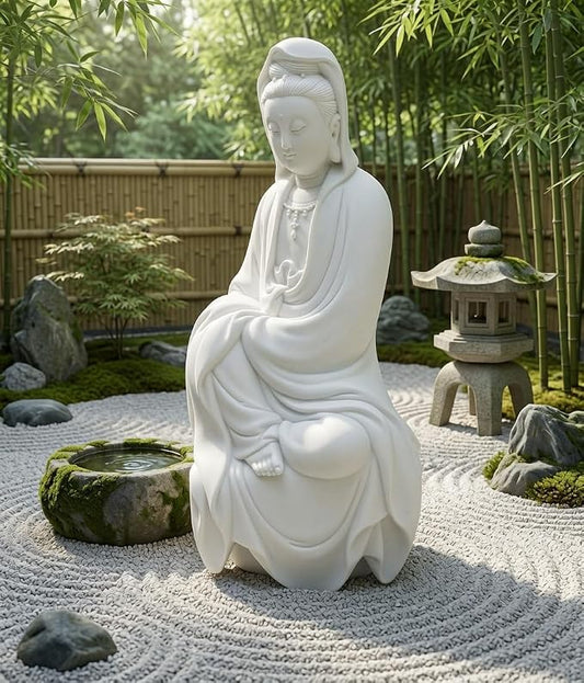 Bellaa Kwan Yin Buddha Statue - 11" White Marble Powder Lady Buda Kuan Guanyin Goddess of Mercy Sculpture - Meditation Decor for Home, Office & Zen Garden 22654