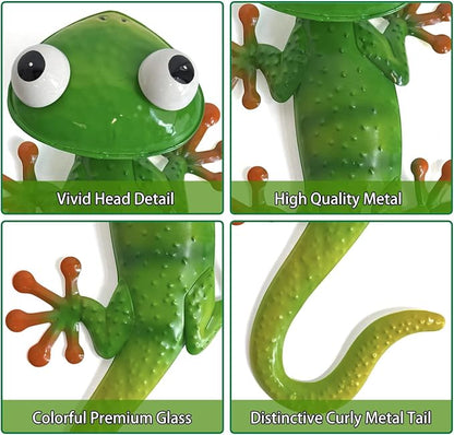 HONGLAND Gecko Metal Wall Art- 15 Inch 3D Lizard Wall Decor Outdoor Garden Sculptures & Statues with Free-Adjustable Head, 2 Pack Yard Decorations for Garden Fence Home