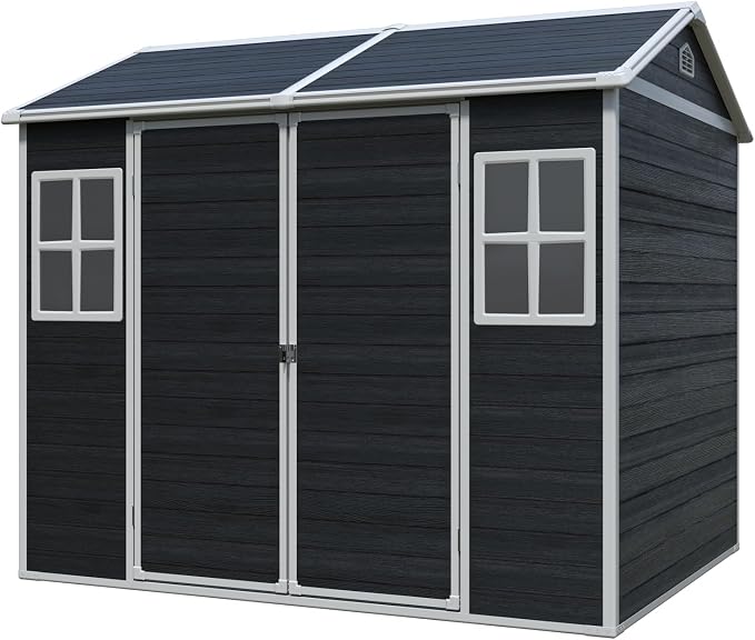 PVWIIK 8x6 ft Resin Outdoor Storage Shed with Floor & Window, Lockable Waterproof All-Weather Utility Shed for Garden Tools & Trash Bins, Black
