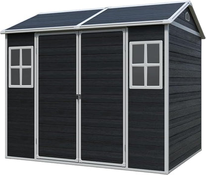 PVWIIK 8x6 ft Resin Outdoor Storage Shed with Floor & Window, Lockable Waterproof All-Weather Utility Shed for Garden Tools & Trash Bins, Black