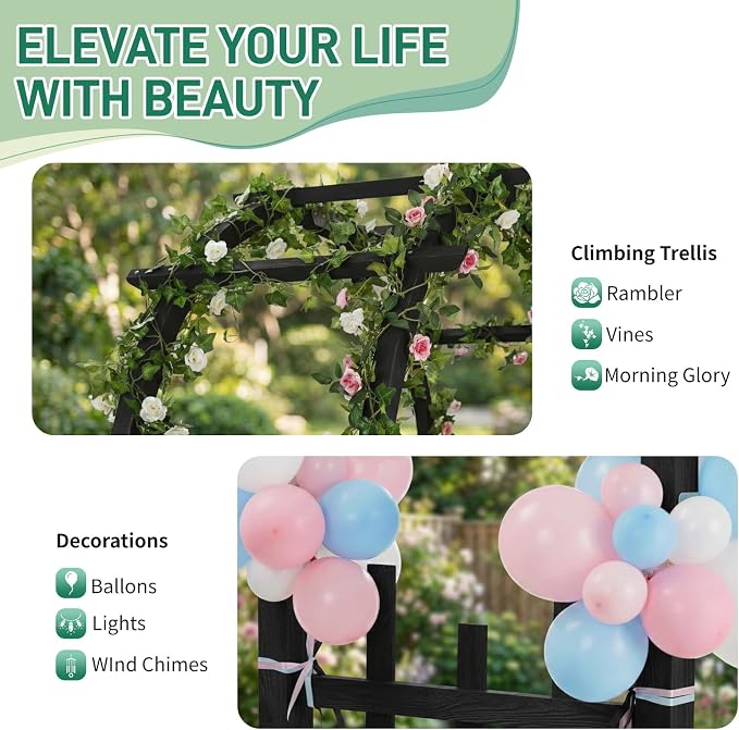 Outvita 7Ft Wooden Garden Arbor Arch, Wood Arbor Trellis, Pergola Archway for Wedding Ceremony Decoration Pergola Plant Climbing Rose Vines Lawn Courtyard Patio Black