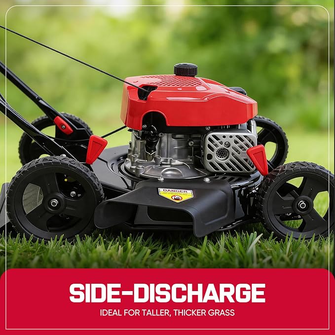 PowerSmart 18-inch 144cc Gas Lawn Mower, Push Mower with Side-Discharge | 144cc 4-stroke OHV engine, 5-Position Height Adjustment