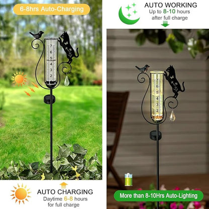 Solar Black Cat & Bird Metal Stake with Glass Rain Gauge, Outdoor Yard Lawn Pathway Garden Decor