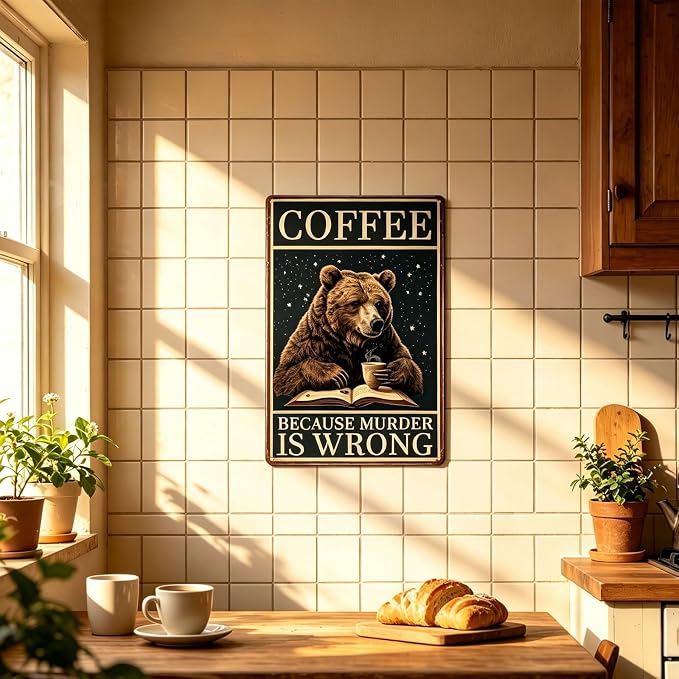 Metal Signs Coffee Because Murder Is Wrong Bear Vintage Tin Sign for Home Office Kitchen Bar Cafe Garden Wall Decor 12x8 Inch
