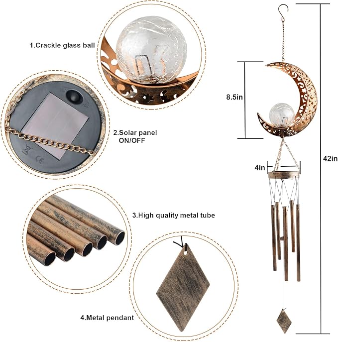 Solar Moon Wind Chimes for Outside Unique Birthday Mom Gifts for Women Mom Grandma Crackle Glass Ball LED Wind Chimes Solar Lights Outdoor Decor Light for Garden Patio Yard