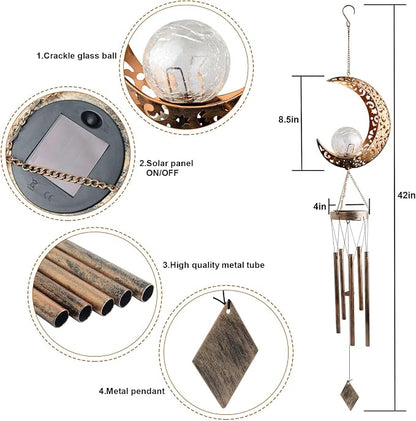 Solar Moon Wind Chimes for Outside Unique Birthday Mom Gifts for Women Mom Grandma Crackle Glass Ball LED Wind Chimes Solar Lights Outdoor Decor Light for Garden Patio Yard
