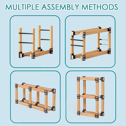 Eibikdi Firewood Rack Outdoor, Adjustable Length Wood Storage Brackets Kit, Log Stacking Stand Holder for Outdoor Indoor Fireplace, Wood Burning Fire Pits, Black, Set of 2