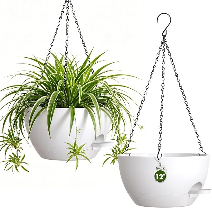 12 Inch Large Self Watering Hanging Planters 2 Pack with Saucers | Set of 2 12-inch self-watering hanging planters with extra soil capacity, side-fill ports, chain hangers & snap-on saucers