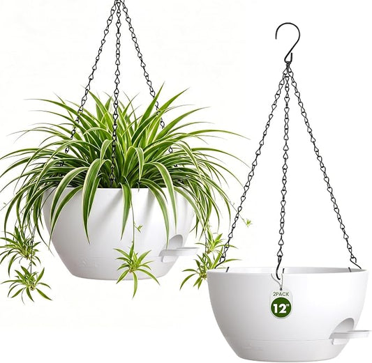 12 Inch Large Self Watering Hanging Planters 2 Pack with Saucers | Set of 2 12-inch self-watering hanging planters with extra soil capacity, side-fill ports, chain hangers & snap-on saucers