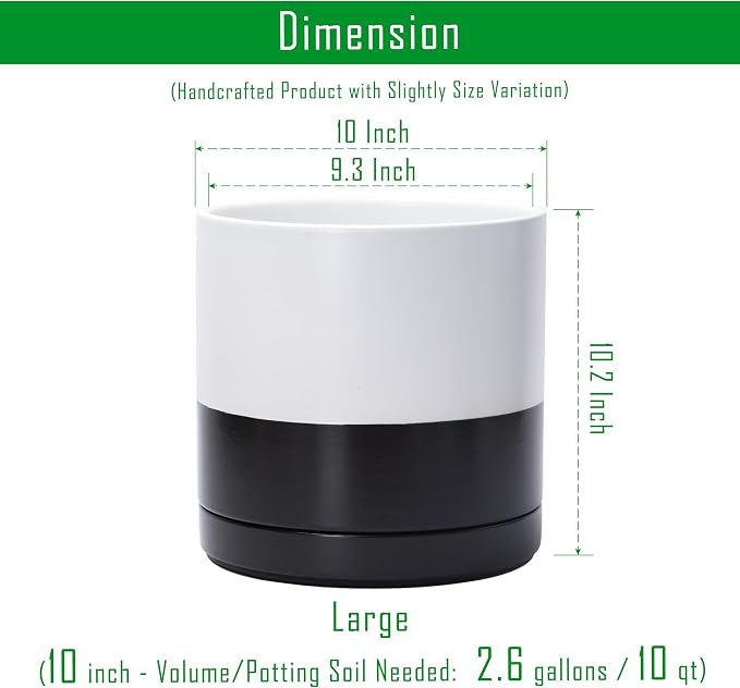 D'vine Dev 10 Inch Ceramic Planter Pot with Drainage Hole and Saucer, Indoor Cylinder Round Planter Pot, Layered Monochrome Black & White, 94-O-E-L