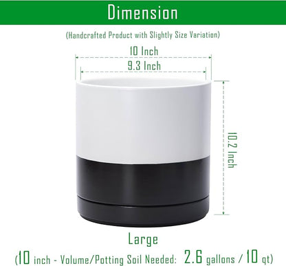 D'vine Dev 10 Inch Ceramic Planter Pot with Drainage Hole and Saucer, Indoor Cylinder Round Planter Pot, Layered Monochrome Black & White, 94-O-E-L