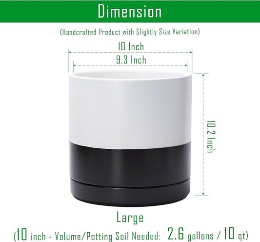 D'vine Dev 10 Inch Ceramic Planter Pot with Drainage Hole and Saucer, Indoor Cylinder Round Planter Pot, Layered Monochrome Black & White, 94-O-E-L