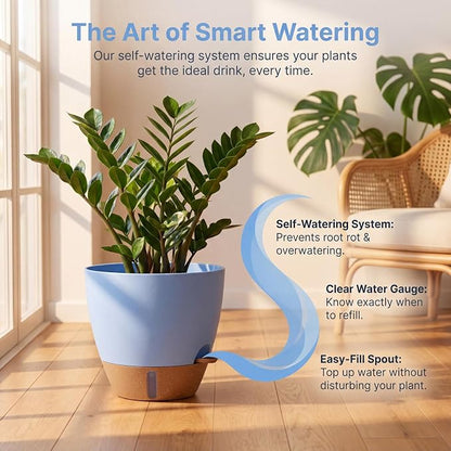 Ecolley 8/10/12 Inch Self Watering Pots for Indoor/Outdoor Plants - Large Plastic Planter with Drainage Holes, Water Level Indicator & Deep Reservoir, Modern Decorative Flower Pots (Light Blue) | Indoor/Outdoor Plants, Large Plastic Planter, Drainage H...