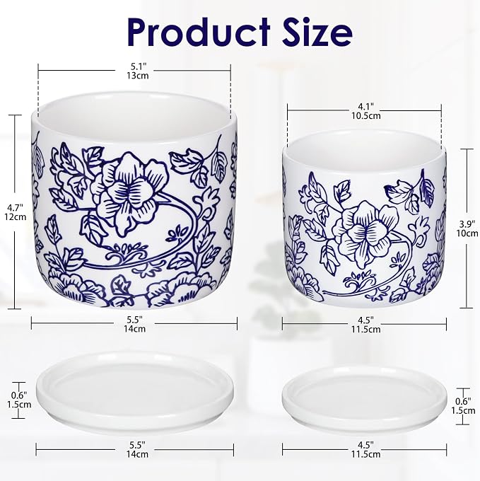 Set of 2 Blue and White Ceramic Plant Pots with Drainage Hole and Saucers, Retro Blue Porcelain Flowers Round Planters for Succulent Cactus Indoor Outdoor Garden Home Desktop Decor, 4.5+5.5 Inch