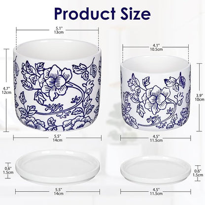 Set of 2 Blue and White Ceramic Plant Pots with Drainage Hole and Saucers, Retro Blue Porcelain Flowers Round Planters for Succulent Cactus Indoor Outdoor Garden Home Desktop Decor, 4.5+5.5 Inch