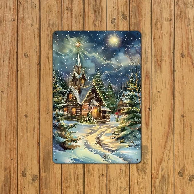 Vintage Country Christmas Metal Painted Tin Sign - 8x12 inch, waterproof durable iron wall art for home, bedroom, bar, cafe, library and garage decor