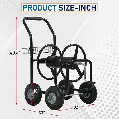 FDW Garden Hose Reel Cart, Water Hose Cart with 4 Wheels, Hold Up to 300 ft of 5/8’’ Hose，Heavy Duty Powder-Coated Steel Planting with Storage Basket, for Garden, Yard and Lawn