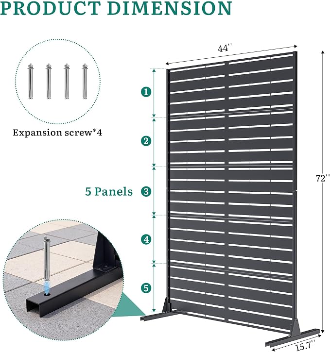 Privacy Screen Outdoor, 72"x44" Room Divider 5-Panel, Freestanding | Slatted Steel Privacy Fence with Ground Stakes, Weatherproof Divider for Balcony, Patio, Deck & Yard
