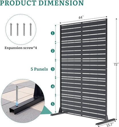 Privacy Screen Outdoor, 72"x44" Room Divider 5-Panel, Freestanding | Slatted Steel Privacy Fence with Ground Stakes, Weatherproof Divider for Balcony, Patio, Deck & Yard