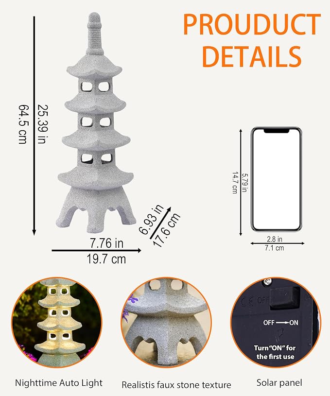 Nacome Solar Pagoda Garden Statues: 25.6 inches Multi-Layer Outdoor Weatherproof Resin Zen Decor for Landscape Balcony Patio Porch Yard Ornament(Gray)