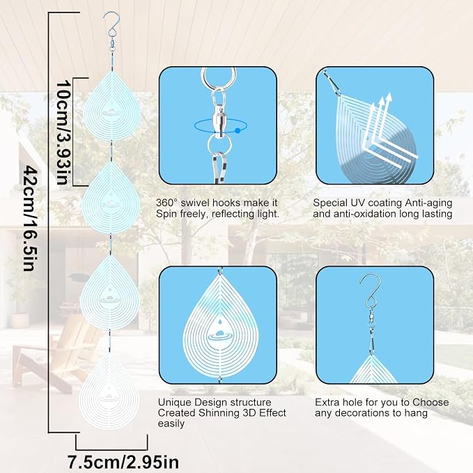 Water Droplets Bird Scare Discs Wind Spinners Outdoor, Highly Reflective Metal Double-Sided Bird Reflectors Extra Sparkly Garden Decor, Bird Deterrents for Outside Patio Porch, Unique Gardening Gifts