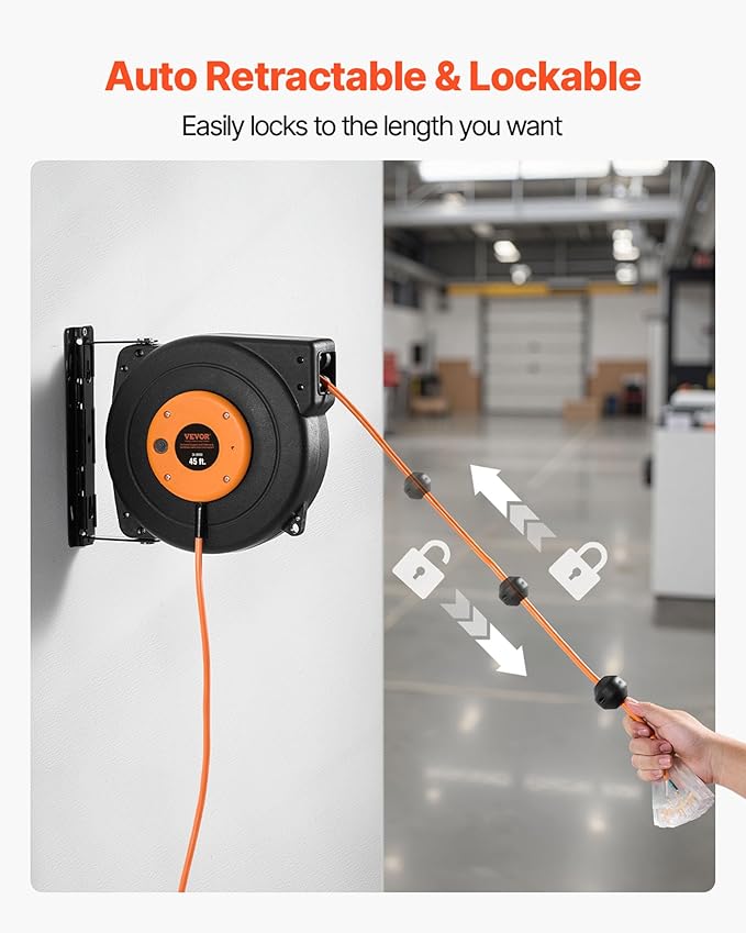 VEVOR Retractable Extension Cord Reel, 45 FT, Heavy Duty 12AWG/3C SJTOW Power Cord, with Lighted Triple Tap Outlet, 15 Amp Circuit Breaker, 180° Swivel Bracket for Ceiling or Wall Mount | Automatic Retractable with Lighted Triple Tap Outlet, 15 Amp Cir...