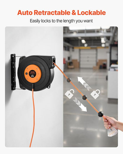 VEVOR Retractable Extension Cord Reel, 45 FT, Heavy Duty 12AWG/3C SJTOW Power Cord, with Lighted Triple Tap Outlet, 15 Amp Circuit Breaker, 180° Swivel Bracket for Ceiling or Wall Mount | Automatic Retractable with Lighted Triple Tap Outlet, 15 Amp Cir...