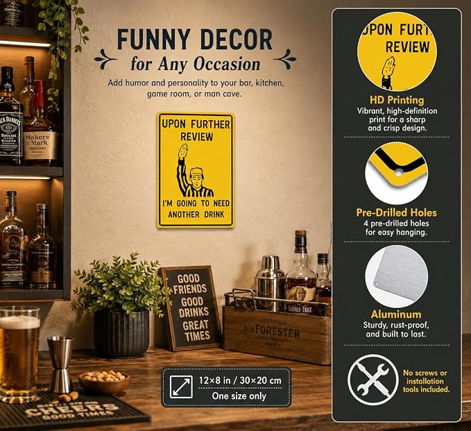 Upon Further Review Funny Football Referee Metal Sign, Sports Bar Humor Wall Decor, Retro Bar Cart Themed Plaque for Man Cave Home Bar Garage Game Room Basement Decor 8x12 Inch