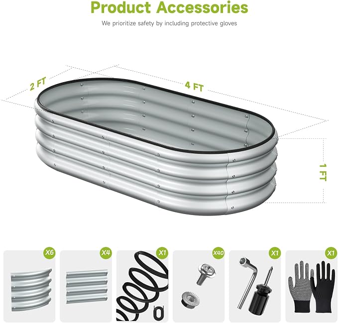 2PCS 4x2x1 FT Oval Metal Raised Garden Bed Kit, Open Bottom Design Elevated Garden Planter Box Outdoor, Trough Planter for Outdoor Plants, Flower, Vegetables, Fruit, Herbs (Silver)