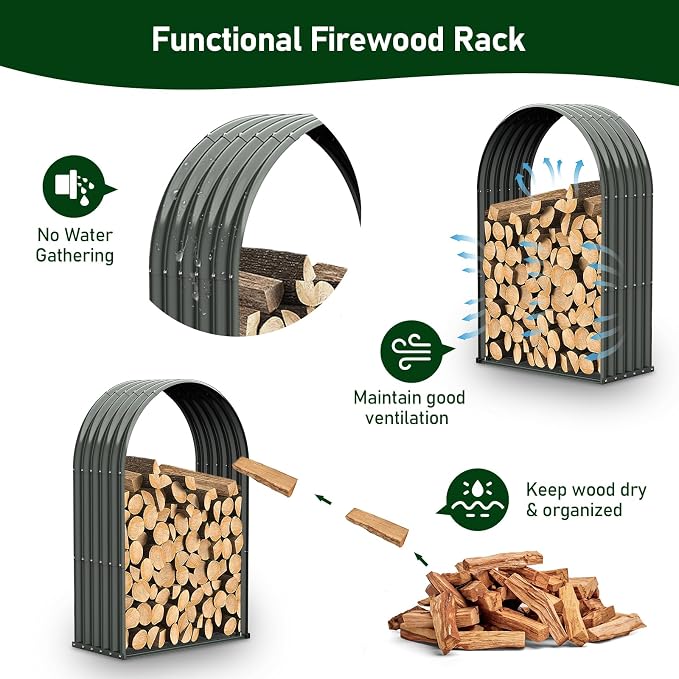 ANLEOLIFE Arch Tall Outdoor Firewood Rack with Corrugated Steel Roof | Alloy Steel Log Holder; 22-Gauge Powder-Coated Galvanized Panels; 18"D x 36"W x 54"H; Open-Sided Airflow; Round Crossbars