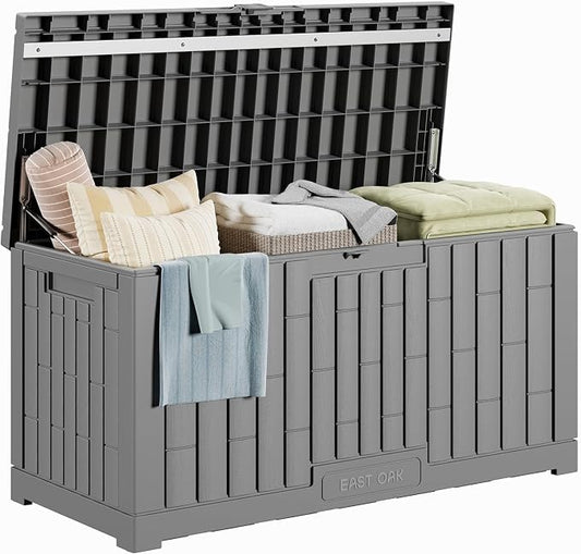 EAST OAK Outdoor Storage Box, 80 Gallon Deck Box, Waterproof Resin Storage Bin for Patio Cushions, Gardening Tools, Lockable, UV Resistant, Grey