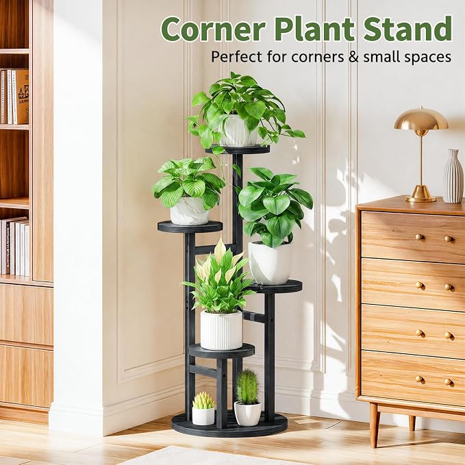 LASZOLA 4 Tiered Wood Plant Stand Indoor Corner, Flower Holder Rack Tall for Multiple Plants, Rustic Planter Shelf Display for Patio Garden Balcony Living Room, Black