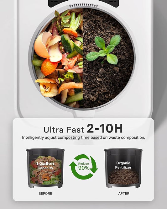 1 Gallon Electric Kitchen Composter, Smart Mill Food Recycler with Large Touch Screen, Compost Bin Indoor with 4 Sharktooth Blades, 0.5kWh Per Cycle Energy-efficient, Odorless, Low Noise,Auto-Cleaning