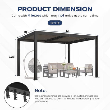 10' x 12' Louvered Pergola, Aluminum Frame Outdoor Pergola with Adjustable Louvered Roof & Integrated Gutter System, Hardtop Patio Gazebo for Backyard, Patio, Garden, Dark Gray