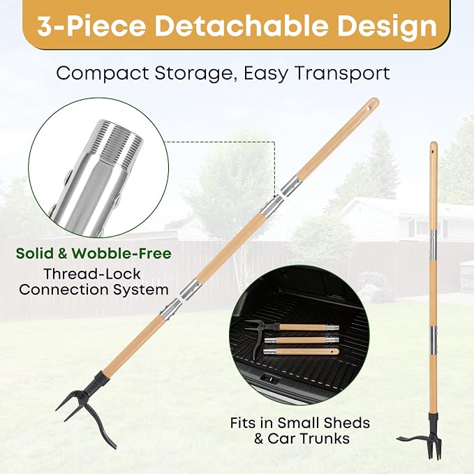 Stand Up Weed Puller Tool, Long Handle Weeder & Hand Weeder Fork Set - 46" No-Bend Deep Root Remover for Lawn, Garden & Yard, Seniors & Bad Back Friendly, Fits 5'2"-6'2", Bamboo Handle