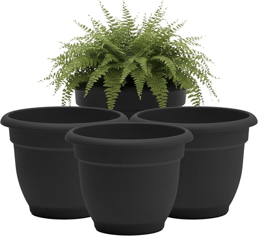 Bloem Ariana 8" Plastic Self-Watering Planter, Black, 4-Pack | Self-watering disk at the bottom of each pot that acts as a water wick and reservoir for optimal plant health