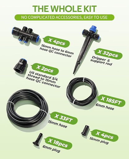 HIRALIY 220FT Drip Irrigation Kit for Large Garden, Quick Connect Garden Watering System with 33FT 15mm Hose, 36 Adjustable Drippers for Raised Beds, Vegetable Garden, Greenhouse