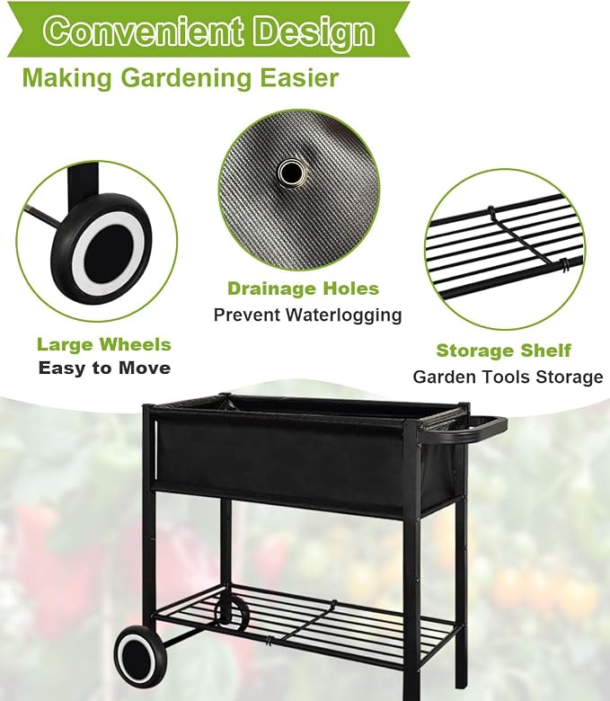 Raised Garden Bed with Legs for Outdoor Plants, Standing Elevated Planter Box Cart on Wheels for Vegetables Flower Herb Patio, Black