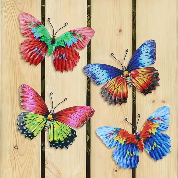 dreamskip 4 Pack Metal Butterfly Wall Decor Art, Colorful Butterflies Outdoor Wall Art, Hand Craft for Garden, Fence, Patio, Yard, Living Room, Bedroom