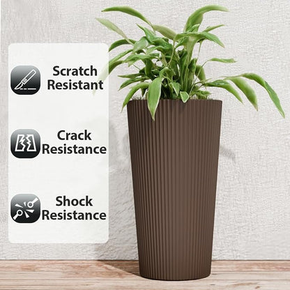 24" Tall Planters for Outdoor Plants,Large Outdoor Planters for Front Porch Decor with Drainage Hole, Flower Pots Fits Indoor Plants Patio/Garden, Plastic Striped Brown(2 Pack)