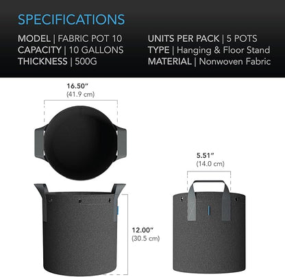 AC Infinity Heavy Duty Fabric Pots, 10 Gallon Aeration Reusable Grow Bags 5-Pack with 500G Thick Nonwoven Fabric and Multi-Purpose Rings, for Low Stress Plant Training Fruits, Vegetables, and Flowers
