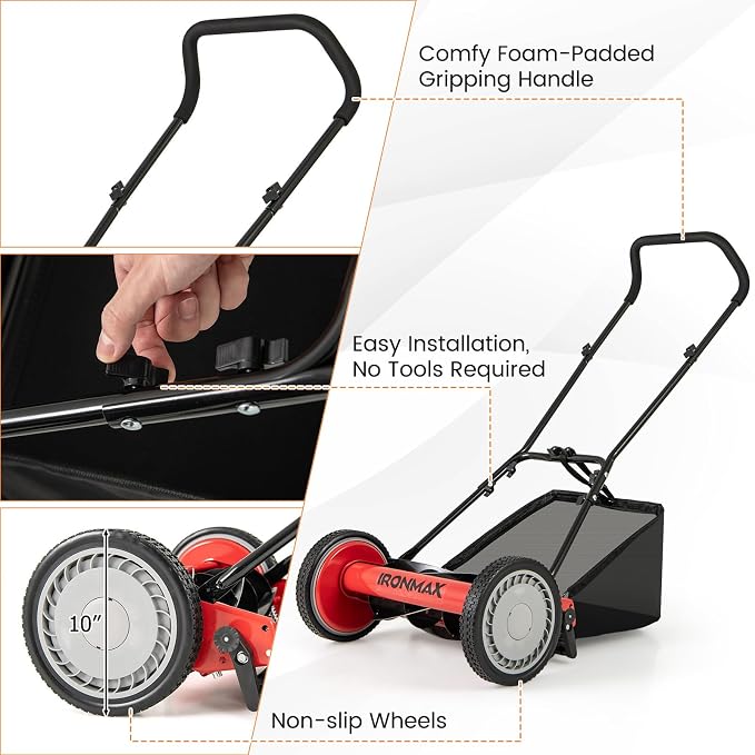 IRONMAX Lawn Mower, 16 Inch Push Reel Lawn Mower with 5 Steel Blades, Adjustable Cutting Heights, Grass Catcher Bag, Walk-Behind Manual Lawnmower for Garden Park Yard, No Motor (Red, 16 Inch)