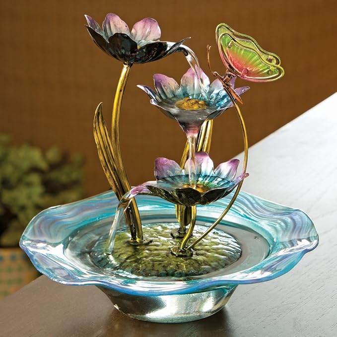 Bits and Pieces - Iridescent Glass Butterfly Fountain Sculpture – Indoor Home Décor - Zen Water Fountain - Desk or Tabletop Accessories - 12" Tall Multicolor