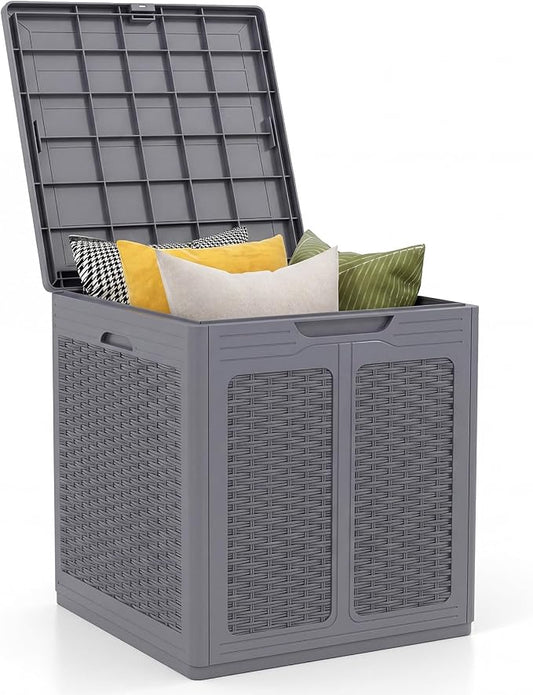 Tangkula 39 Gallon Outdoor Storage Box, Waterproof PP Resin Patio Storage Box with Lockable Lid for Indoor & Outdoor Use, Rattan Design Deck Box for Cushions, Garden Tools
