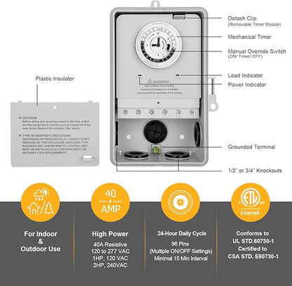 SURAIELEC Pool Timer, 24-Hour Cycle Mechanical Timer Switch, 40 AMP, 2HP, 120, 240, 277 VAC, Outdoor Indoor Heavy Duty Pool Controller Box for Pool Pump, Water Heater, Spa, Powerful Appliances