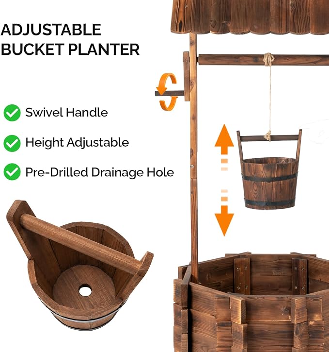 VINGLI Wooden Wishing Well Outdoor Planters, Well Covers for Yard with 4 Reinforced Rods, Height Adjustable Hanging Bucket, Rustic Flower Pot Decor for Outside Patio Garden(Carbonized, 25" Width)