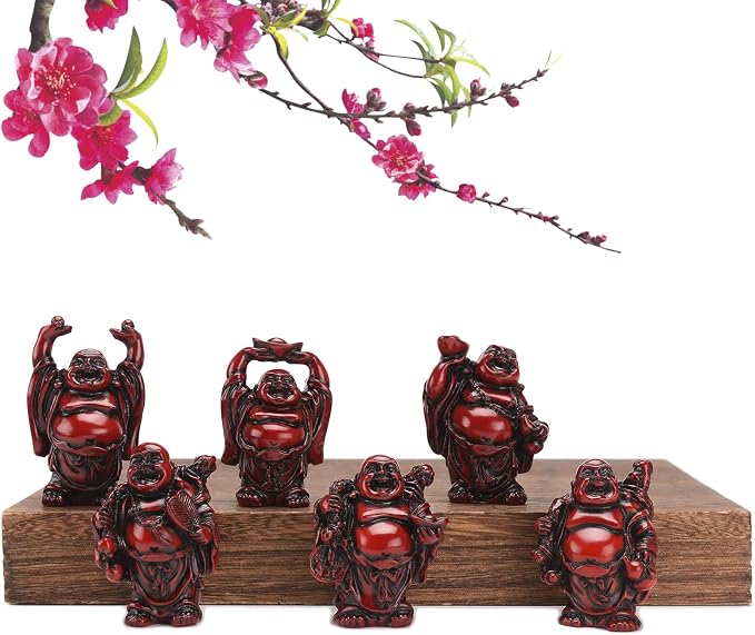 6Pcs 2in Red Resin Laughing Buddha Figurines, Tabletop Lucky Decor | Maitreya Buddha Statue, Flower Pot Statue, Home Office Desk Decor, Fengshui Collection Gift Ornaments
