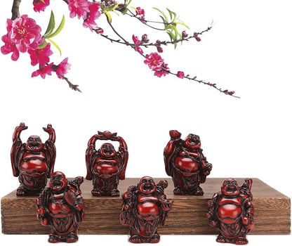 6Pcs 2in Red Resin Laughing Buddha Figurines, Tabletop Lucky Decor | Maitreya Buddha Statue, Flower Pot Statue, Home Office Desk Decor, Fengshui Collection Gift Ornaments