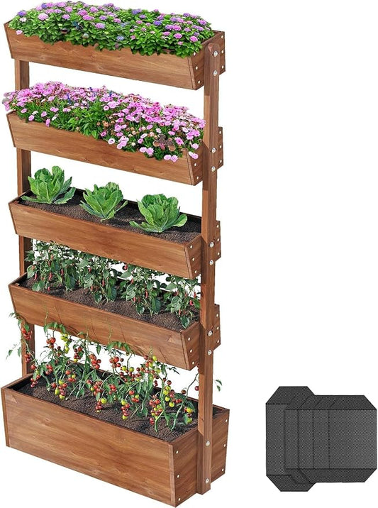 Vertical Raised Garden Bed,5 Tier Wooden Garden Planters,Adjustable Freestanding Plant Stand Flower Rank,Wooden Planters for Outdoor Indoor Balcony Garden,Herb Vegetables Flowers,33x17x66,Brown